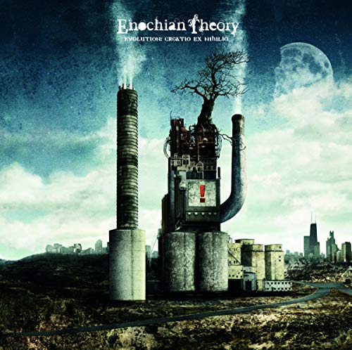 Surreal industrial landscape with smokestacks, a tree, and a full moon.