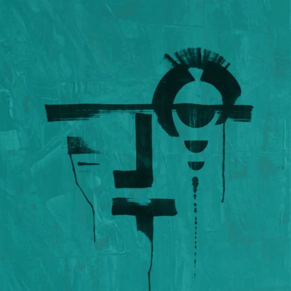 Abstract black face illustration on a textured teal background.
