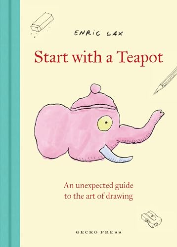 Book cover with a pink, elephant-shaped teapot and drawing tools.
