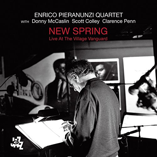 Black and white album cover featuring a pianist and text "New Spring".