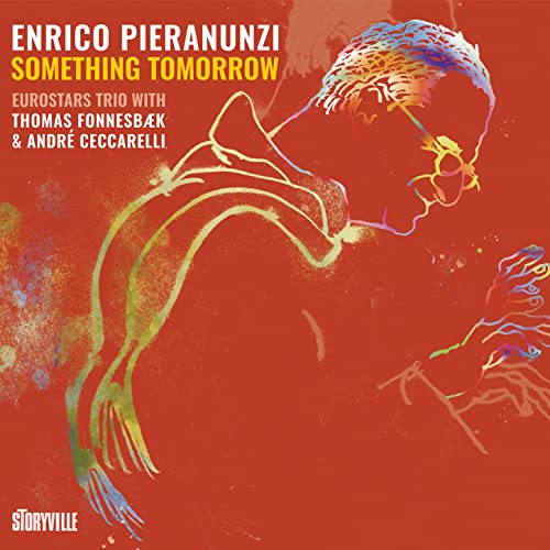 CD cover featuring a colorful line drawing of a pianist on a red background.