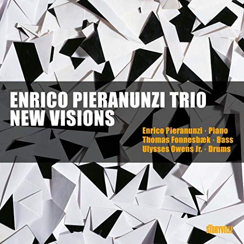 "CD cover with abstract white and black geometric shapes, text 'Enrico Pieranunzi Trio New Visions'."