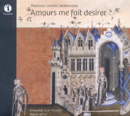 "CD cover with medieval illustration of a castle and people, titled 'Amours me fait desirer'."