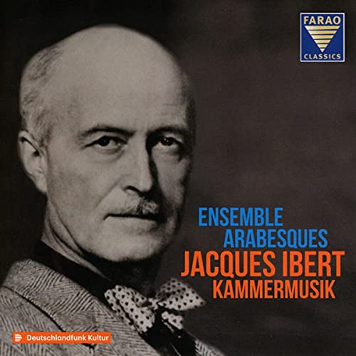 Black and white portrait of Jacques Ibert with CD title text overlay.