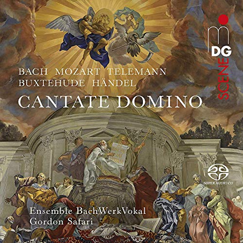 "CD cover featuring a classical religious scene with angels and people, titled 'Cantate Domino'."