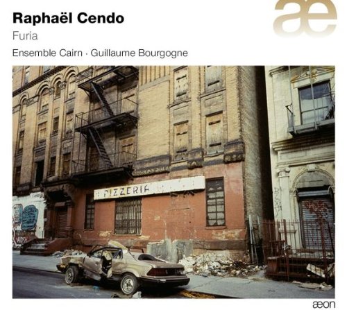 Album cover with damaged car and building, white banner with "pizzeria" text.