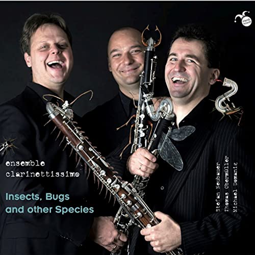 Three men with clarinets decorated with insect models, album cover.