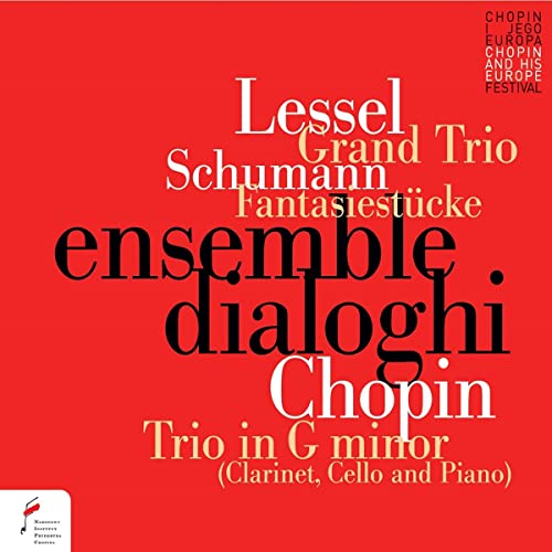 Red album cover with white text listing composers Lessel, Schumann, and Chopin.