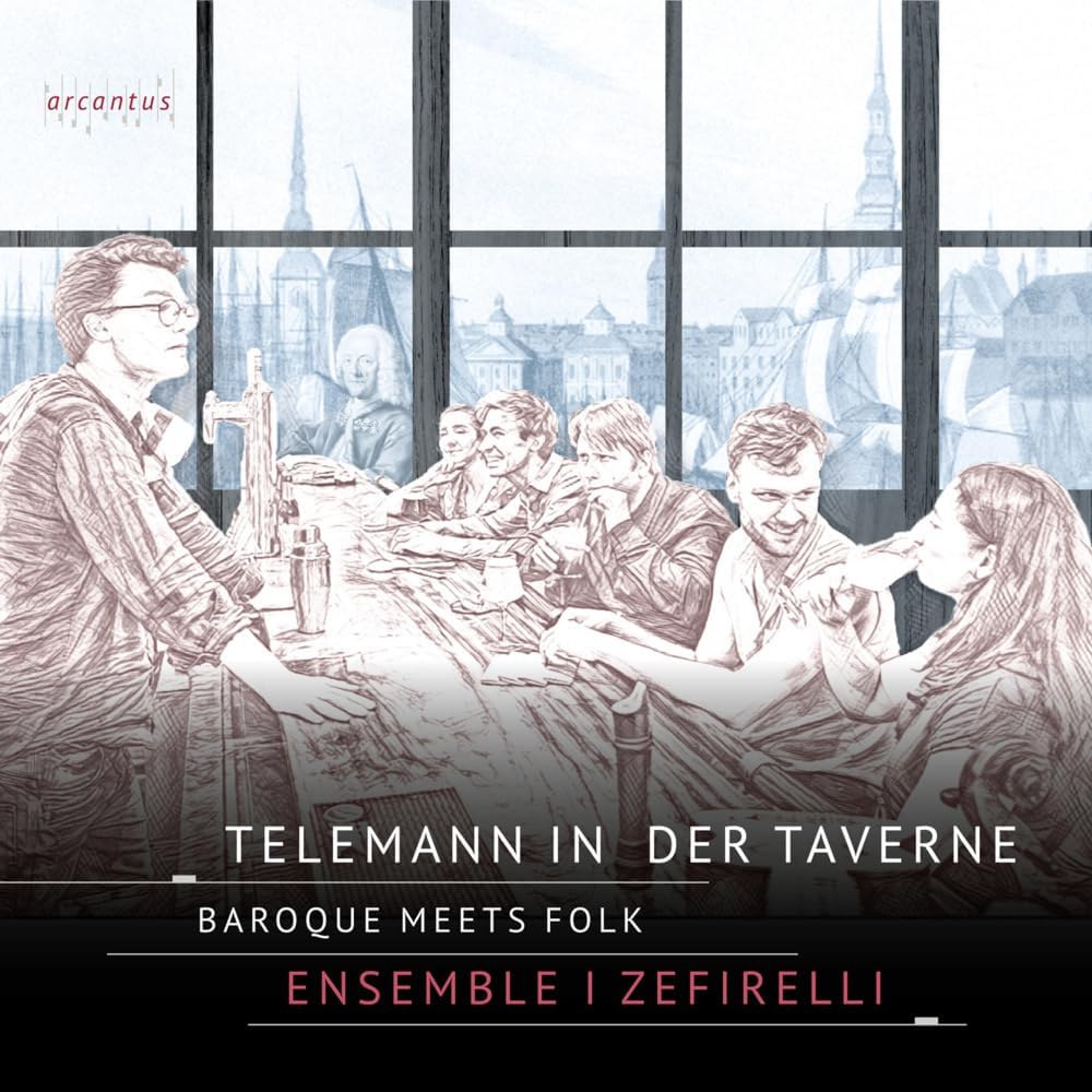 CD cover: sketched scene of people at a table, city view background.