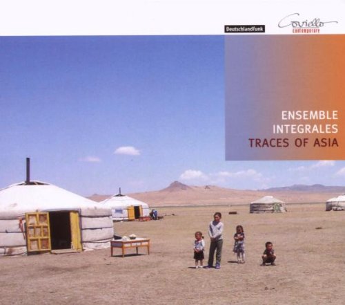"CD cover with a family standing near Mongolian yurts in a desert landscape."