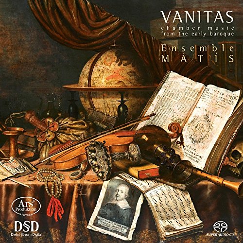 "CD cover featuring a still life with musical instruments and antique objects on a table."