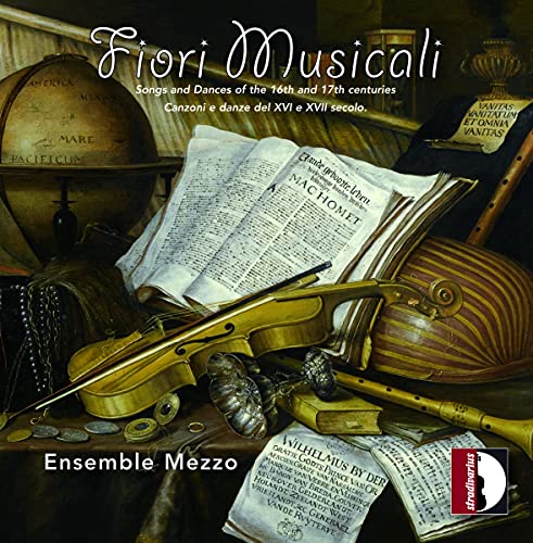 "CD cover with violins, flute, and sheet music on a table, Renaissance-era decor."