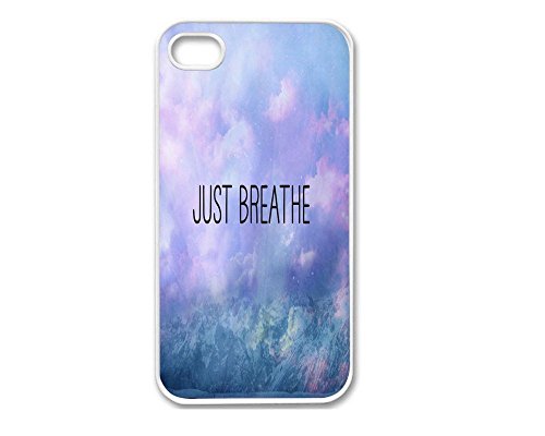 iPhone 5 case featuring a purple and blue sky with mountains and text Just Breathe.