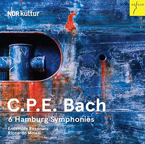 CD cover for C.P.E. Bach’s Hamburg Symphonies, featuring abstract blue metal.