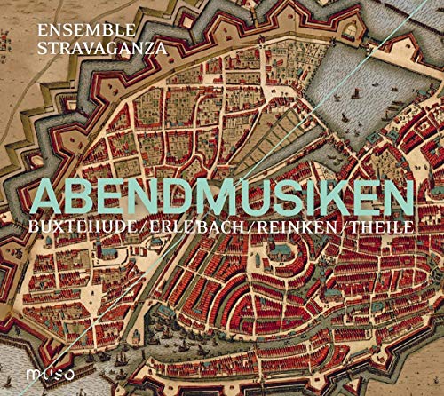 "CD cover featuring a vintage map with 'ABENDMUSIKEN' in large, light blue text."