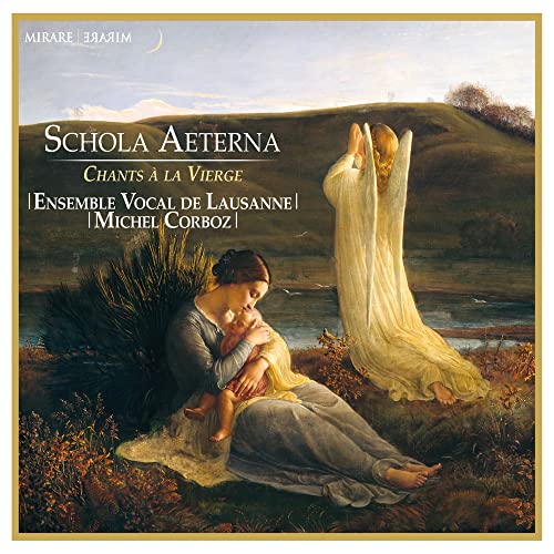 CD cover: Mother and child with angel in a landscape painting.