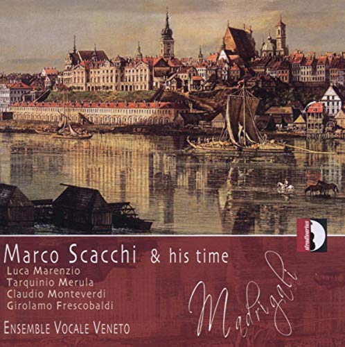 Red CD cover with a 17th-century cityscape and river scene, text and signature.