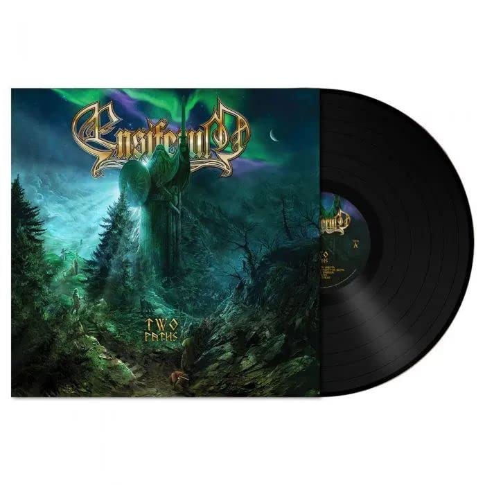 Ensiferum Two Paths vinyl record featuring a fantasy forest scene with a stone statue.