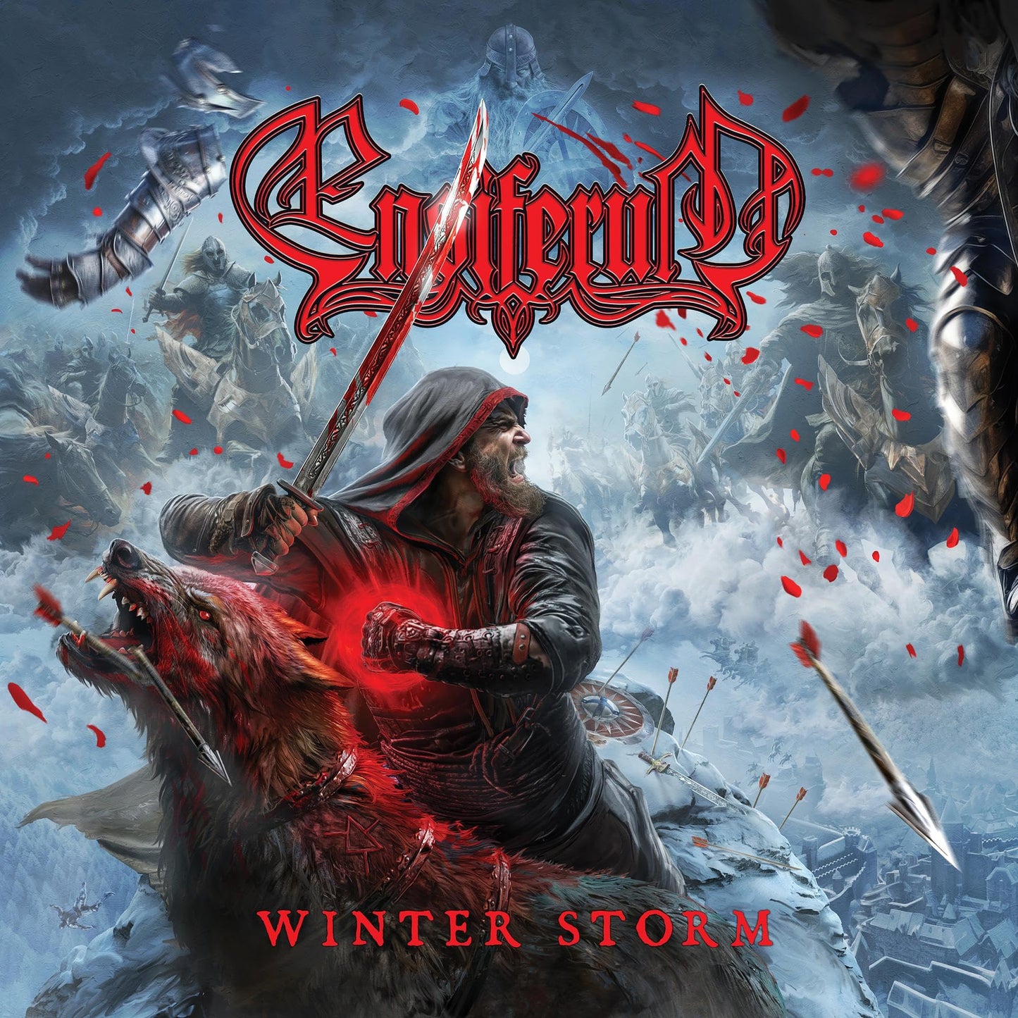 Ensiferum "Winter Storm" CD cover: warrior with wolf in snowy battle scene.