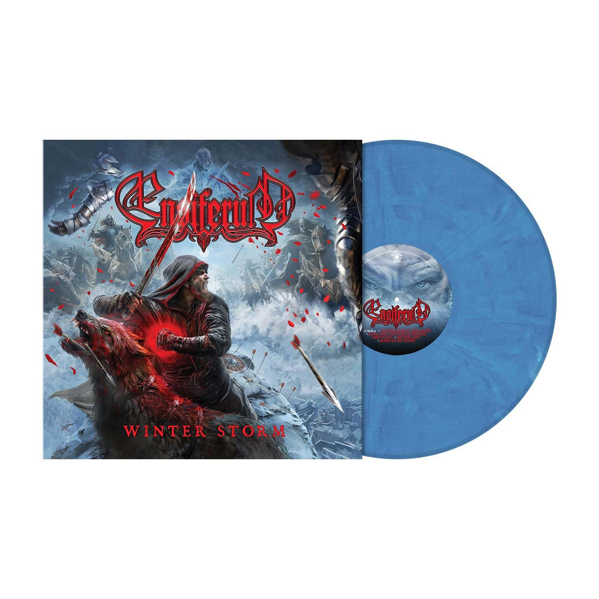 Ensiferum Winter Storm album cover art next to a blue marbled vinyl record.
