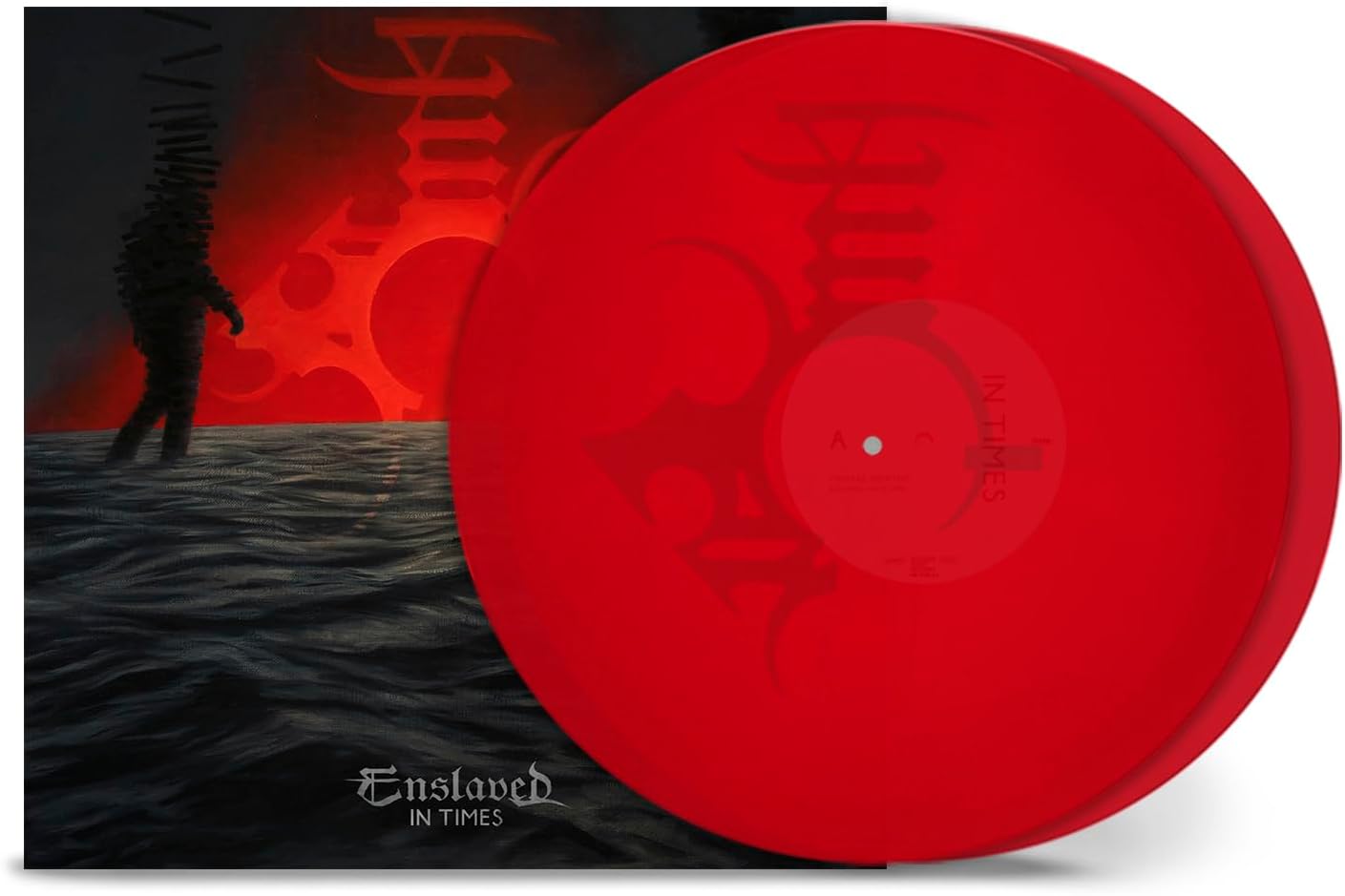 Red vinyl record for Enslaved’s “In Times” album, with figure artwork.