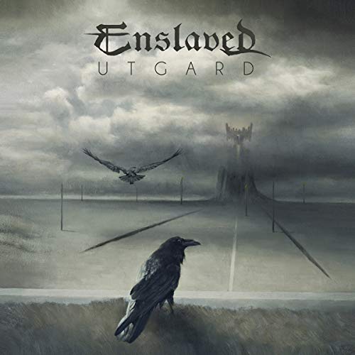 Album cover for Enslaved’s “Utgard” featuring ravens and a distant tower.