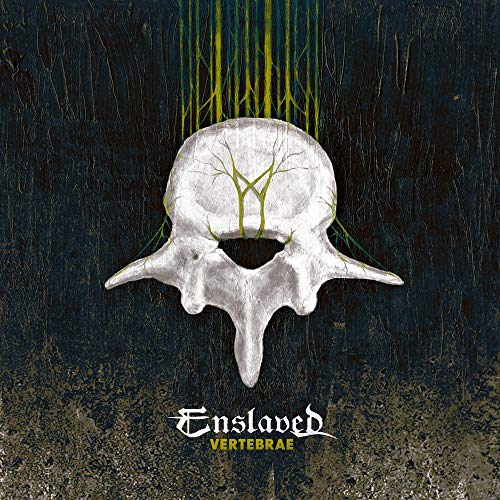 Album cover for Enslaved’s “Vertebrae” featuring a skeletal vertebra illustration.