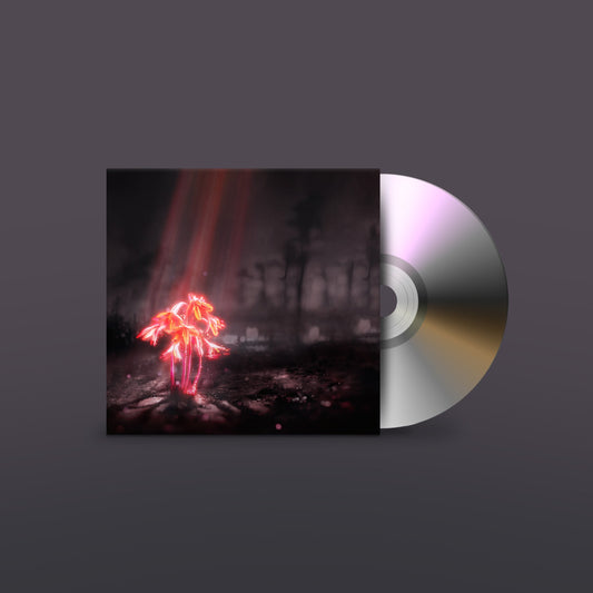 "CD case with a glowing red flower on the cover and a silver CD."