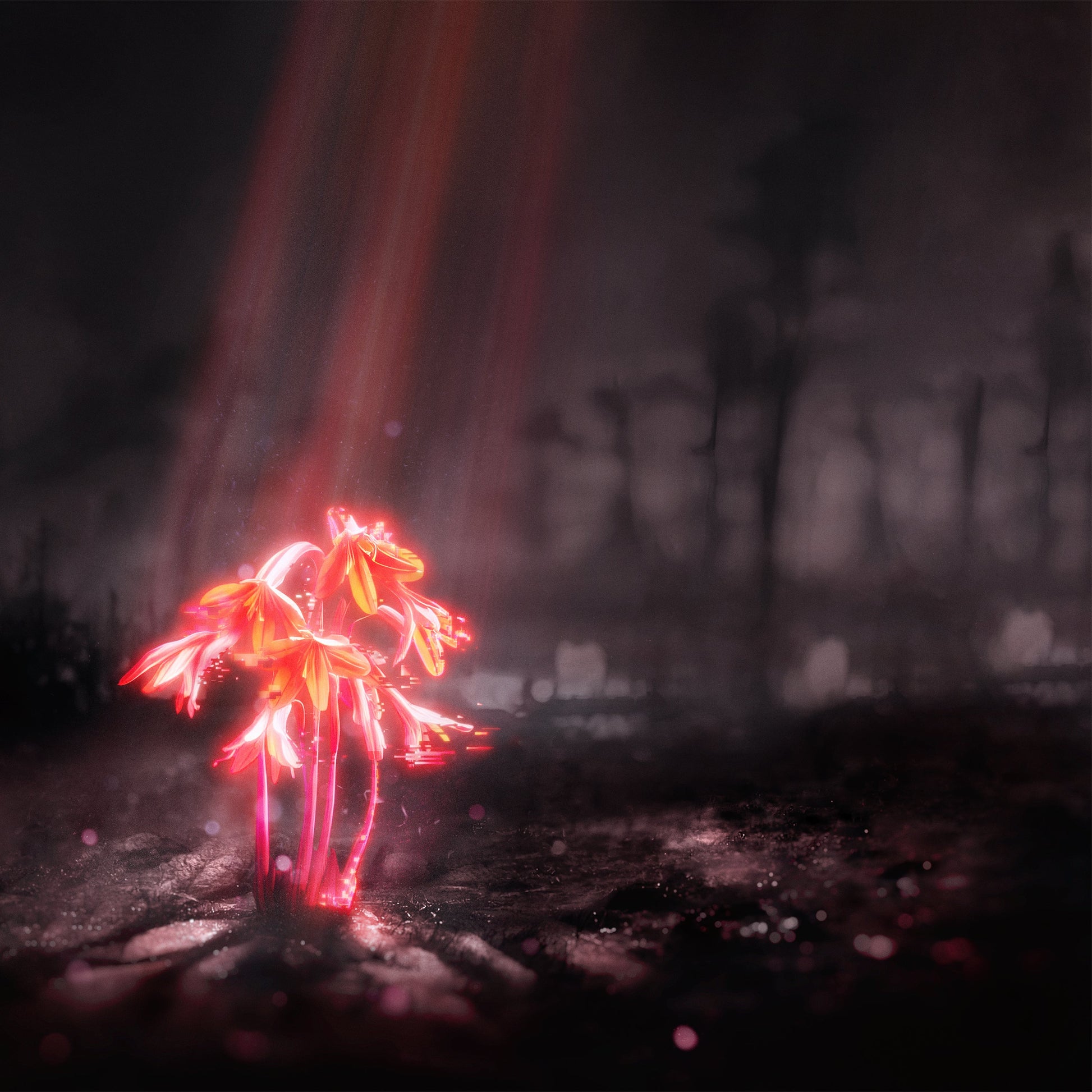 Glowing red flowers with digital glitch effects stand in a dark, misty landscape.