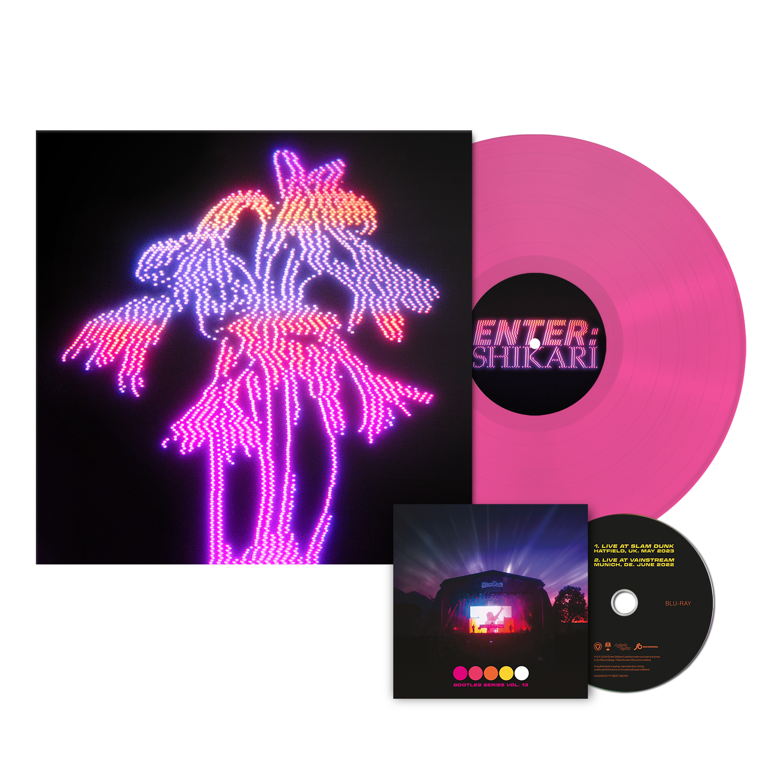 Neon pink vinyl record and Blu-ray with illuminated horse artwork.