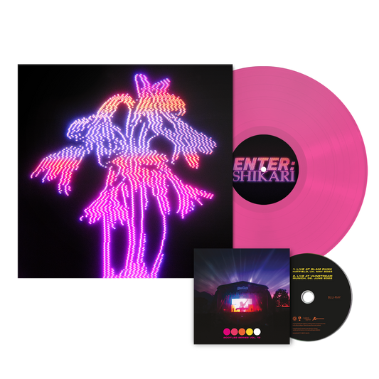 Neon pink vinyl record and Blu-ray with illuminated horse artwork.