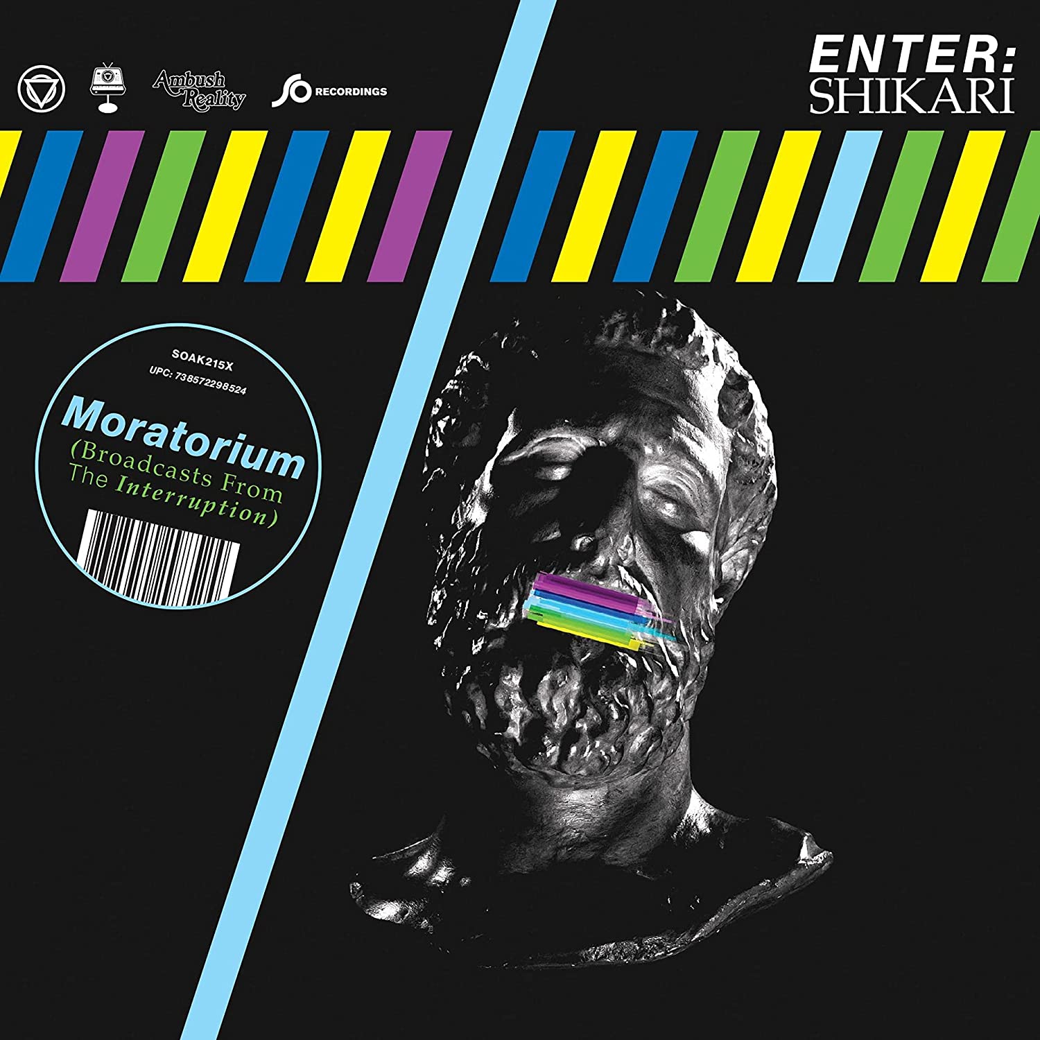 CD cover for Enter Shikari’s “Moratorium” featuring a distressed face with rainbow stripes.