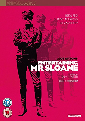 DVD cover for "Entertaining Mr Sloane" with a man in leather jacket and sunglasses.