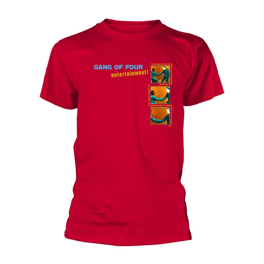 Red t-shirt with graphic print featuring band imagery and text.