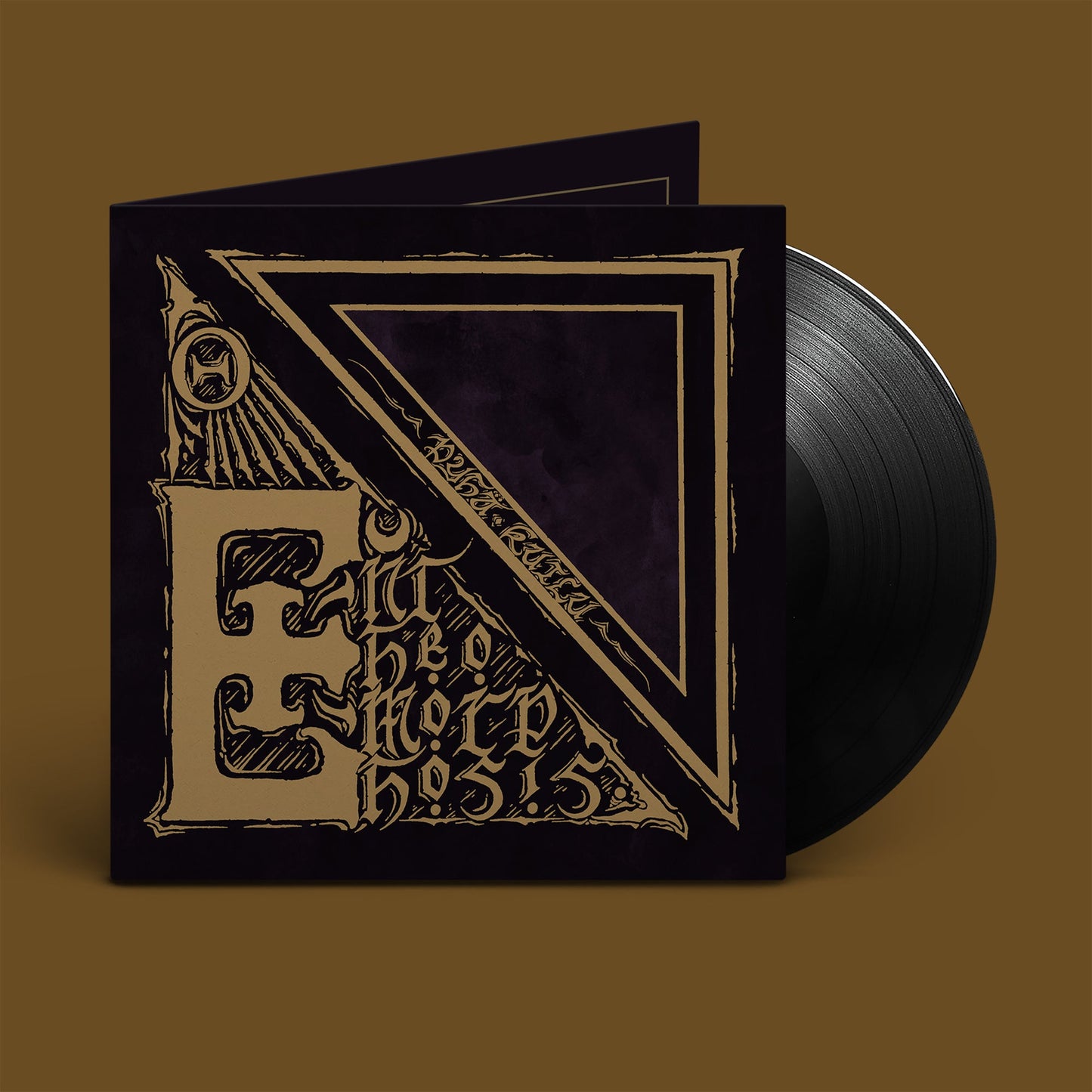 Black vinyl record with ornate gold and purple cover art.