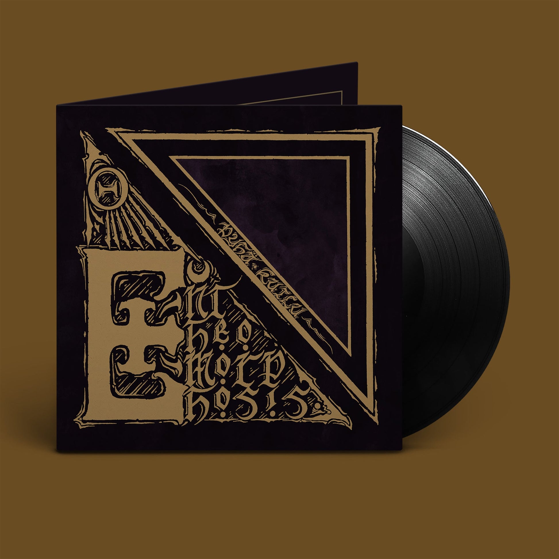 Black vinyl record with ornate gold and purple cover art.