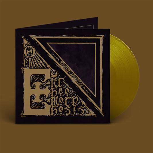 Vinyl record with gold-colored disc and black cover with ornate lettering.