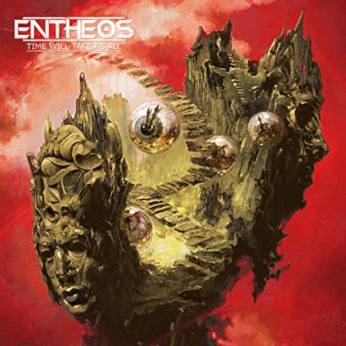 Surreal artwork showing stone faces and floating eyeballs on a red background.