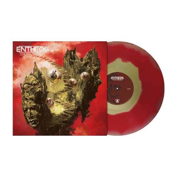 Entheos vinyl record with surreal, red-toned album art and a face illustration.