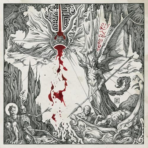 Detailed black and white illustration of a winged demonic figure and skeletons.