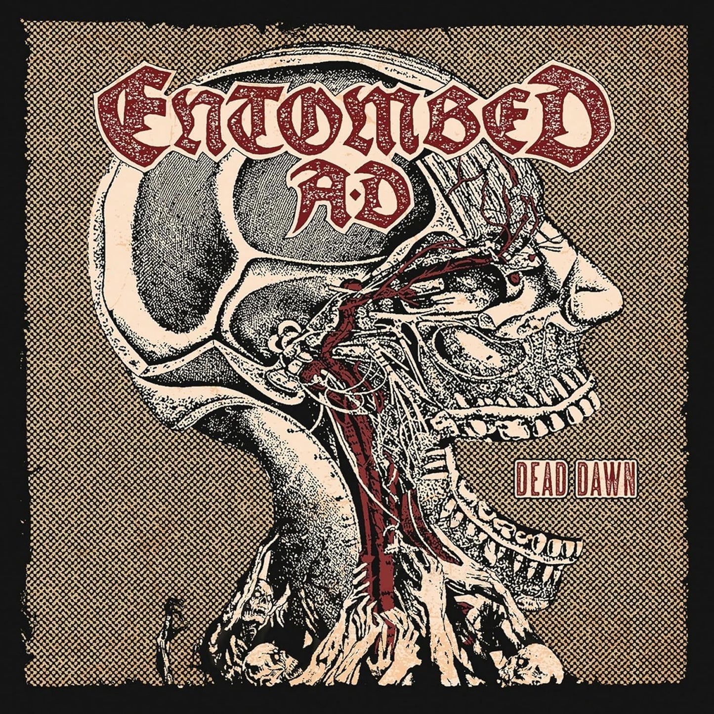 Entombed A.D. album cover: skull illustration with red veins, "Dead Dawn" text.