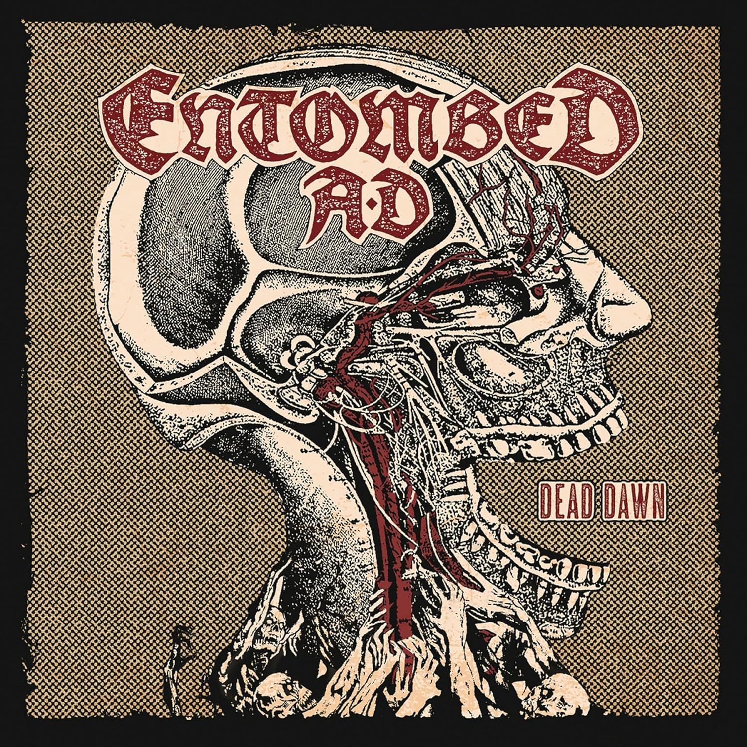 Entombed A.D. album cover: skull illustration with red veins, "Dead Dawn" text.