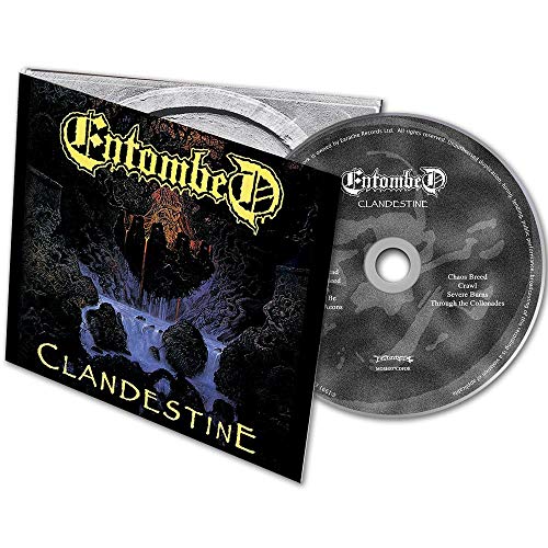 Album cover art for "Entombed - Clandestine" featuring a dark, eerie, cave-like scene.