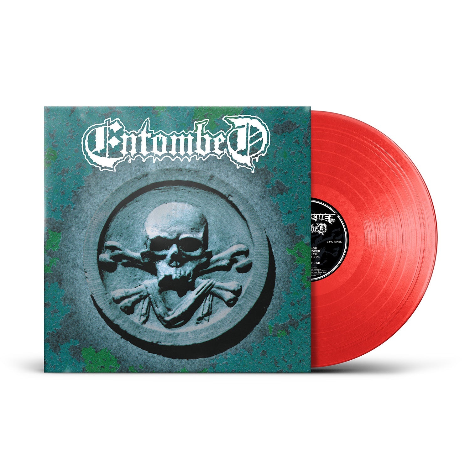 Entombed album cover featuring a skull and crossbones with a red vinyl record.