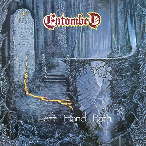 "Album cover art: dark forest path with grave, 'Entombed' and 'Left Hand Path' text."