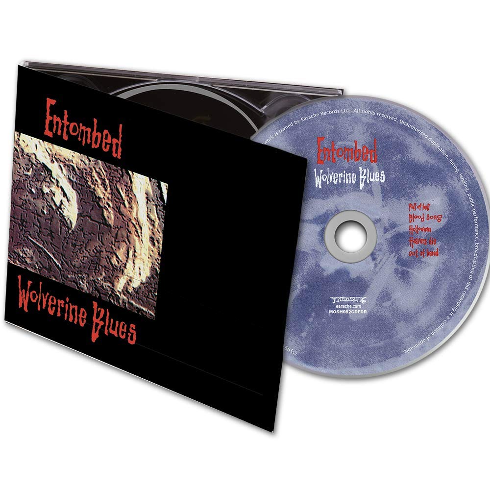 "Album cover with 'Entombed' and 'Wolverine Blues' in red text on a black background."