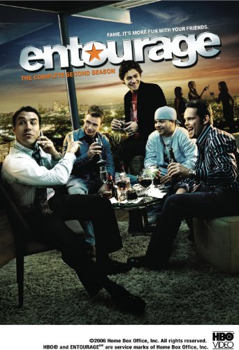 “Entourage” Season Two DVD cover featuring five men on a rooftop with drinks.