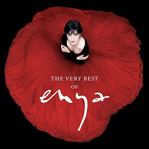 Woman in black dress surrounded by red fabric, Enya's name written below.