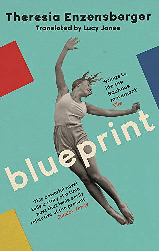 Book cover featuring a leaping woman against a teal background with geometric shapes.