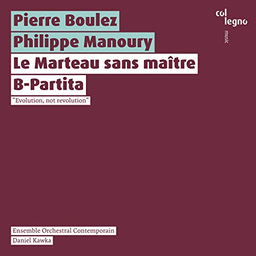 CD cover with composers’ names and titles in stacked teal rectangles on maroon.